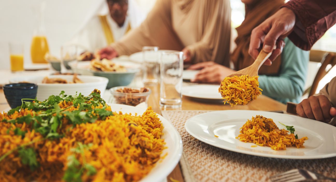 food closeup and muslim with big family at table 2025 04 06 11 08 16 utc