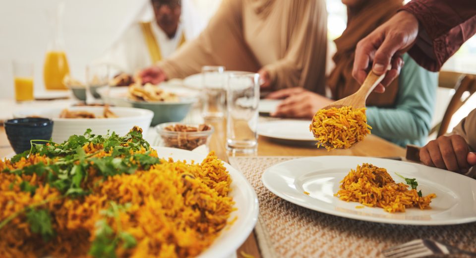 food closeup and muslim with big family at table 2025 04 06 11 08 16 utc